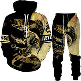 New 3D Fishing Art Print Casual Couple Hoodies Outfits Hip Hop Streetwear Hooded Sweatshirt+Sweat Pants Men's Tracksuit Set - Lootquake