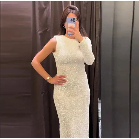 Sequined Party Dresses For Women Removable Sleeve O-neck Slim Long Dress Female 2025 Elegant White Lady Sexy Evening Vestidos - Lootquake