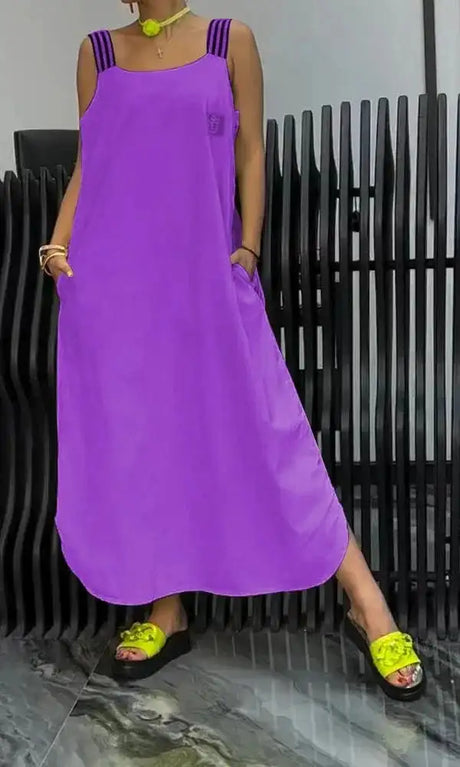 Summer Fashion Solid Cotton Linen Dresses Women Sexy Square Neck Sleeveless Suspender Slit Long Dress Casual Loose Dress Woman - Lootquake