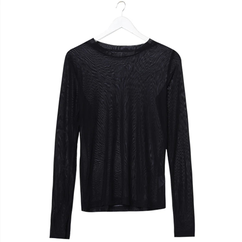 Camisa neón para mujer, de manga larga, con cuello alto, transparente, de malla amarilla dorada, sexy, para fiesta, club, ropa de calle, camisetas de hip hop