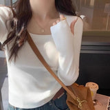 Suéteres de manga larga para mujer, camisetas ajustadas de cuello cuadrado, tops de cuello bajo de alta gama para otoño e invierno, 2025