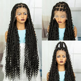 36 Inch Boho Knotless Box Braids Full Lace Wig | Transparent Lace Synthetic Braided Wig with Curly Ends