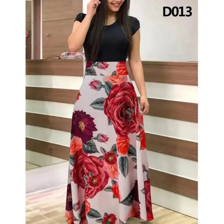 Women Floral Dot Print Patchwork Long Dress Summer Casual Short Sleeve O-Neck High Waist Robe Boho Beach Maxi Sundress Vintage - Lootquake