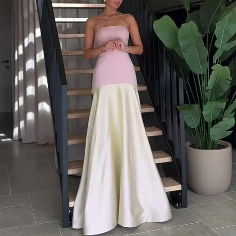 Casual Patchwork Pleated Robe Dresses Ladies Fashion Strapless High Waist Banquet Dress Sexy Hollow Off Shoulder Slim Long Dress - Lootquake
