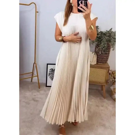 Women's Elegant And Fashionable Round Neck Sleeveless Pleated Long Dress In Solid Color Beige With Pockets, Oversized Long Skirt - Lootquake