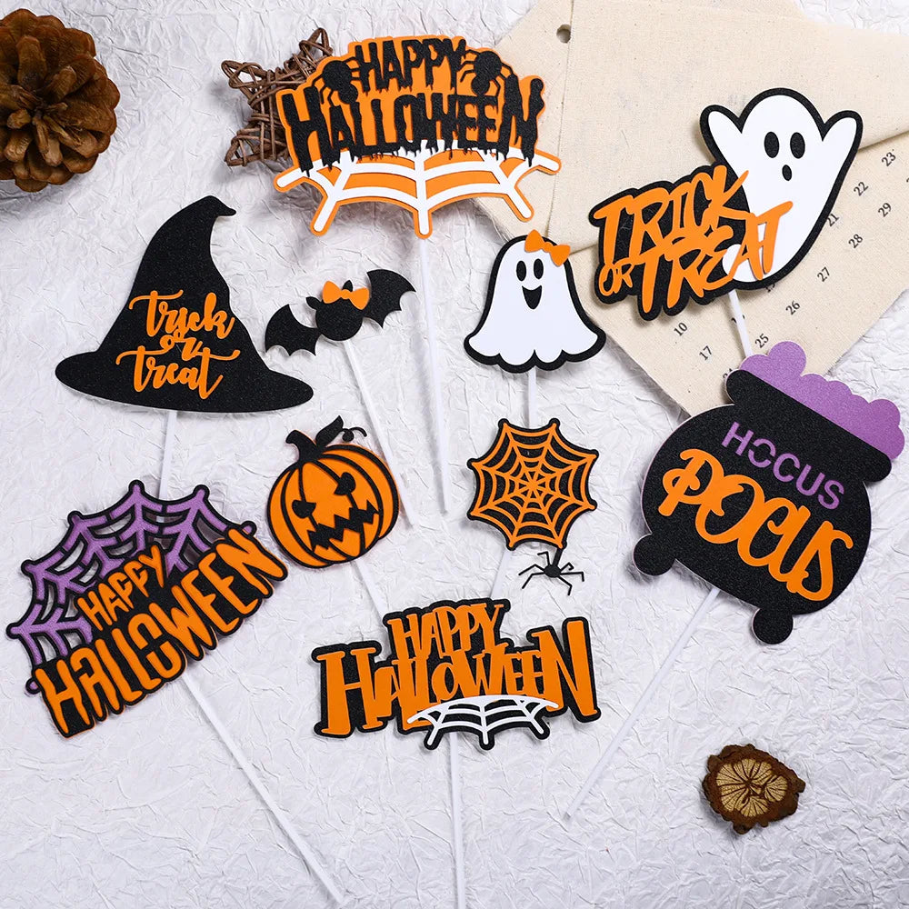 Happy Halloween Cake Topper Trick or treat Ghost Hat Bat Spider web Pumpkin Boo Goblin Bones Party Baking Cake Dessert DIY Decor