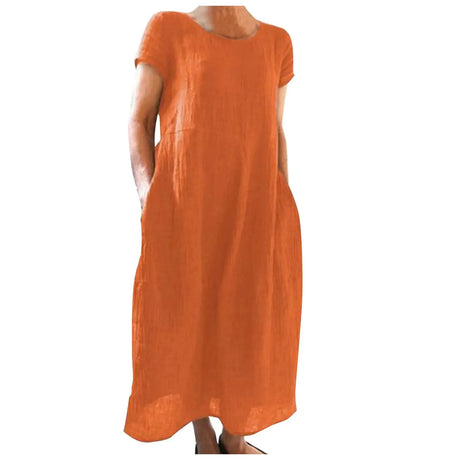 Spring Summer Woman Long Dress Office Lady Fshion Casual Loose Solid O-neck Short Sleeve Dresses For Women 2024 Female Robe - Lootquake