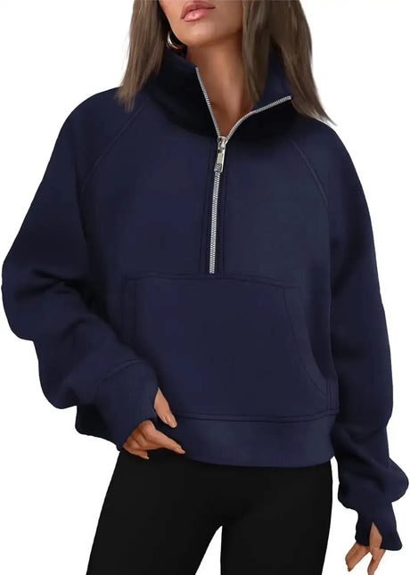 Womens Sweatshirts Half Zip Cropped Pullover Fleece Quarter Zipper Hoodies Fall outfits Clothes Thumb Hole - Lootquake