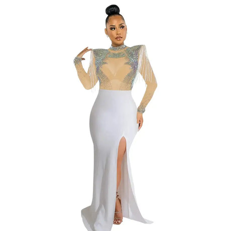 CM.YAYA Women Mesh See Through Long Sleeve Diamonds Hot Rhinestones Mermaid Long Dress Fall Evening Sexy Party Dresses Vestidos - Lootquake