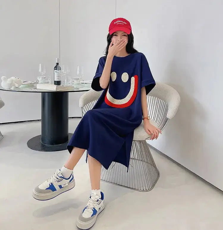 Vestido largo blanco con estampado Harajuku para mujer, ropa Y2K, informal, de manga corta y cuello redondo, moda coreana, vestidos sueltos de verano para mujer 2024