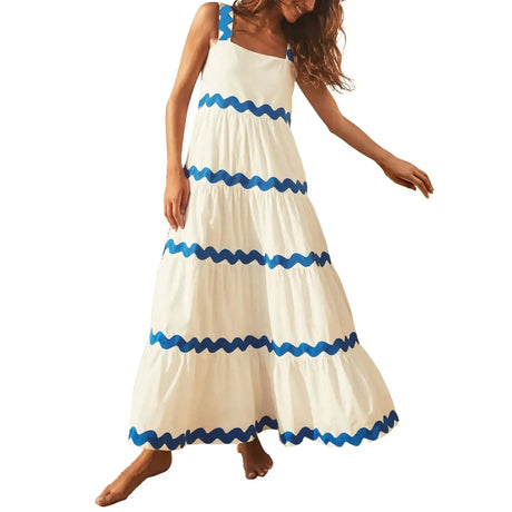 Spaghetti Strap Wave Striped Long Dress Women Square Neck Chic Contrast Sleeveless Beach Dress Flowy Large Swing Maxi Dress - Lootquake