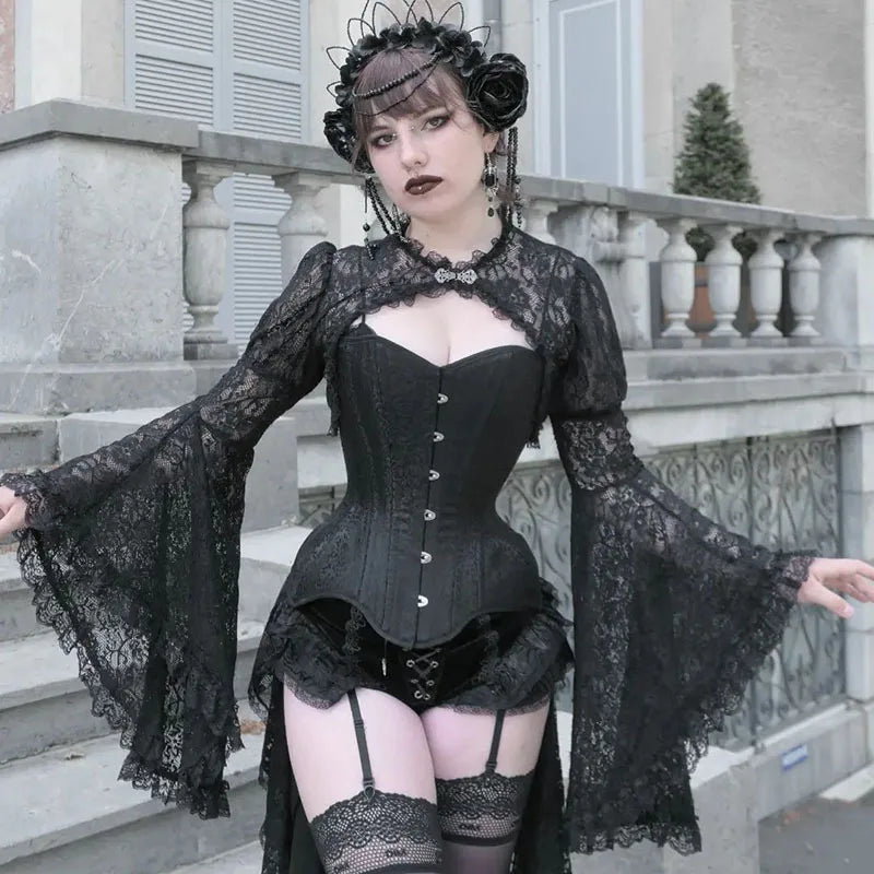 Lace Shrugs Sheer Crop Tops Long Bell Sleeves Cardigan Women Dark Gothic Wedding Punk Sexy Crochet Bolero Cover Up Shirt - Lootquake