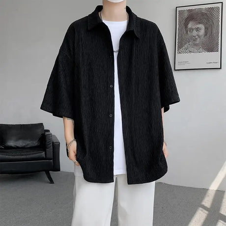 M-5XL Plus Size Mens Casual Shirt Lapel Neck Summer Streetwear Plain Color Tops Men Soft Half Sleeve Holiday Shirts Big XXXXXL - Lootquake