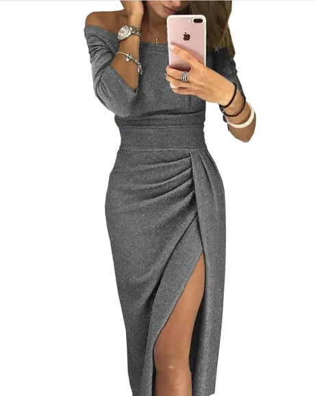 Slit Slash-neck Dress Women Sparkling Slim Long Dress Summer Korean Fashion Dinner Dress Bodycon Solid  Women Dresses Vestidos - Lootquake