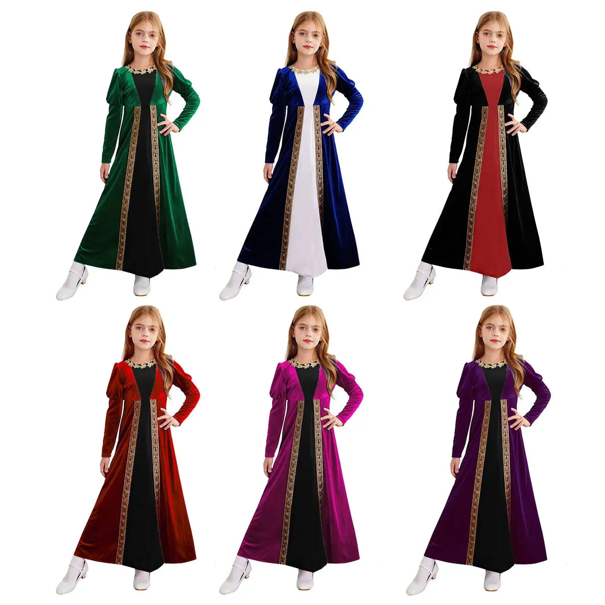 Girls Velvet Medieval Princess Dress Long Sleeve Renaissance Retro Robe Ancient Roman Long Dress for Halloween Carnival Party - Lootquake