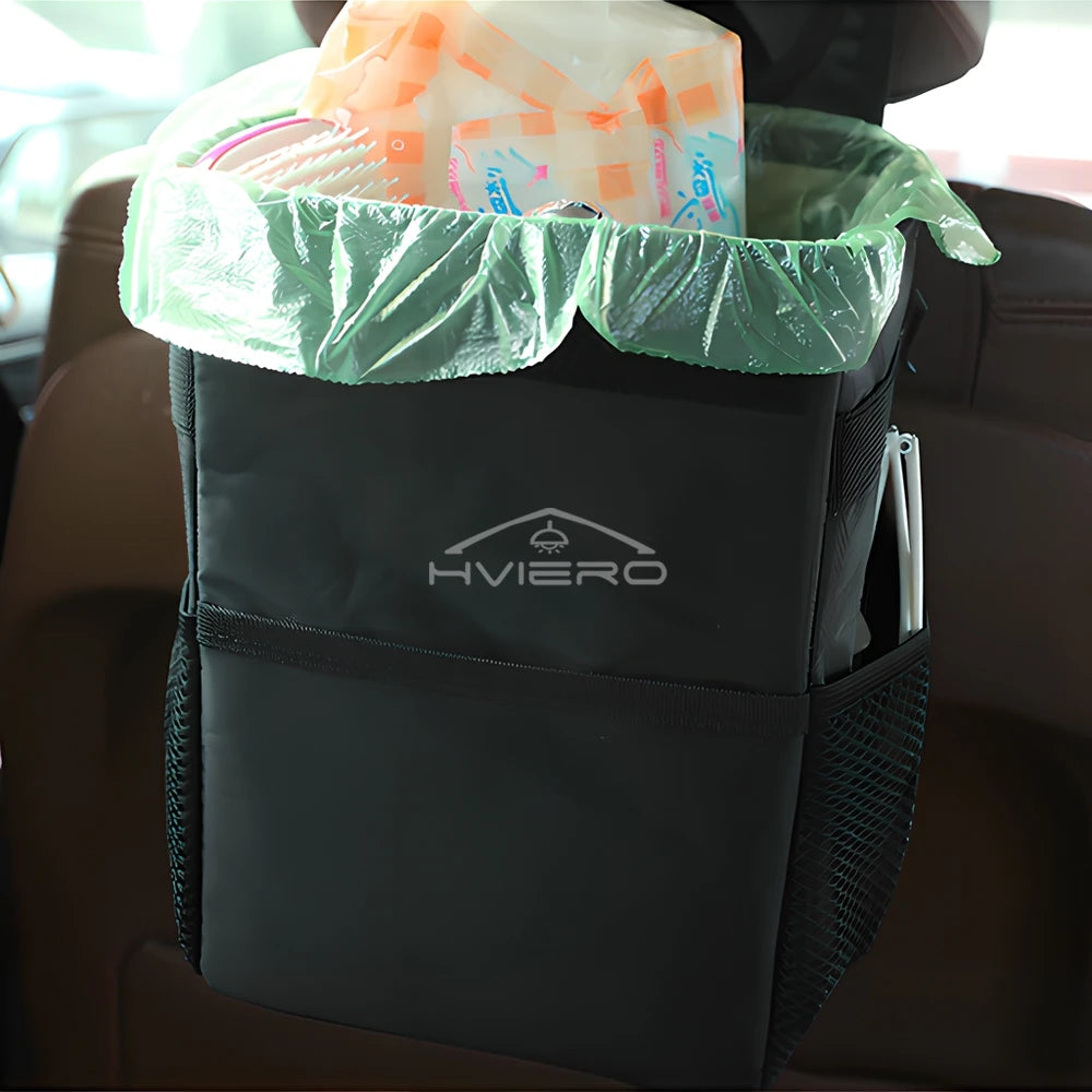 Cubo de basura con tapa y bolsillos de almacenamiento, 100 % a prueba de fugas, organizador impermeable, multiusos, color negro, para coche.