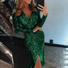 Elegant Women Evening Party Dress Shiny Sequin Deep V-Neck Nightclub Formal Dress Bodycon Irregular Hem Long Dress For Wedding - Lootquake