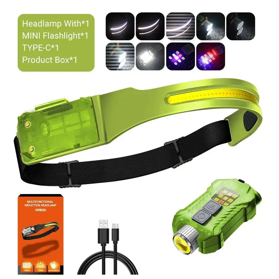 Linterna frontal con sensor LED, linterna frontal recargable, batería integrada, 5 modos de iluminación, para pesca y camping.