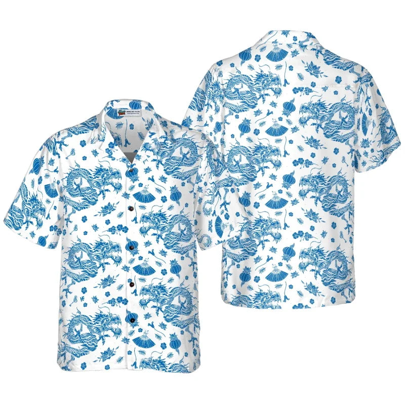 All Over Print Flame Dragon Pattern Hawaiian Shirts For Men Summer Short Sleeve Button Up Beach Shirts Blouse Mens Streetwear - Lootquake