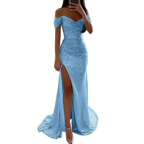 Sexy Sequin Evening Party Prom Long Dress Women Elegant V-Neck Gown Dress Off Shoulder Slim High Split Gown Female Vestidos - Lootquake