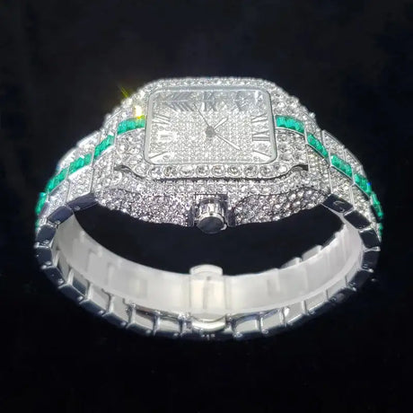 Luxury Full Diamond Watch for Men Fashion Green Iced Out Bling Square Watches Hip Hop Rap Jewelry Relogio Masculino Dropshipping - Lootquake