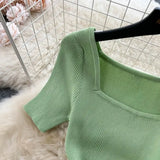 Green 2024 Sexy Summer Knit Short Sleeve Dress Women Squar Collar Waist Bodycon Sundress Female Beach  Backless Long Dress - Lootquake