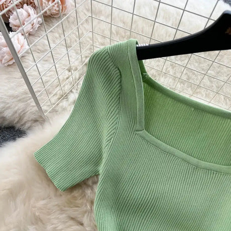 Green 2024 Sexy Summer Knit Short Sleeve Dress Women Squar Collar Waist Bodycon Sundress Female Beach  Backless Long Dress - Lootquake