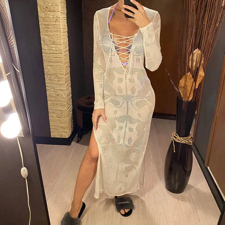 Deep V Dress Lace Up Long Sleeve Women Split Maxi Dress Crochet Knitted Tunic Mesh Sheer Sexy Bodycon Long Dress Vestido V4146B - Lootquake