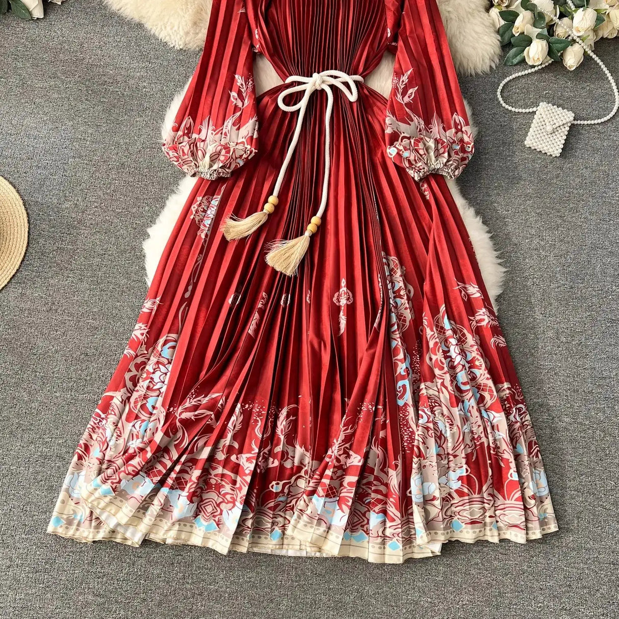 Spring Holiday Print Long Dress For Women Fashion Loose Lantern Sleeve Party Robe Female Big Swing Tassels Belt Pleated Clothes