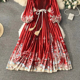 Spring Holiday Print Long Dress For Women Fashion Loose Lantern Sleeve Party Robe Female Big Swing Tassels Belt Pleated Clothes