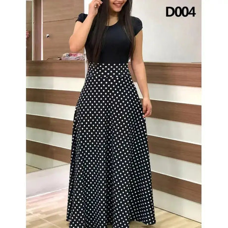 Women Floral Dot Print Patchwork Long Dress Summer Casual Short Sleeve O-Neck High Waist Robe Boho Beach Maxi Sundress Vintage - Lootquake