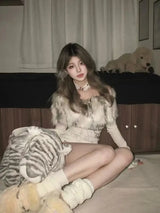 Y2k Emo Women Korean Streetwear Japanese Fur Collar Tops Off Shoulder Long Sleeve Aesthetics Letter T-shirt 2000s Alt Clothes - Lootquake