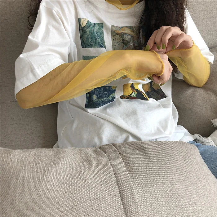 Neon Shirt for Women Long Sleeve Stand Collar Sheer Top Yellow Gold Mesh Blouse Sexy Party Club Streetwear Hip Hop Tee Tops - Lootquake