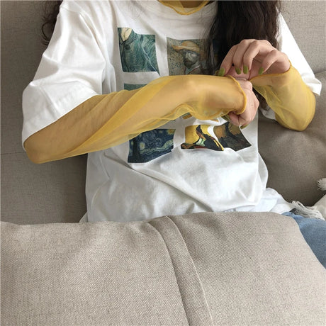 Neon Shirt for Women Long Sleeve Stand Collar Sheer Top Yellow Gold Mesh Blouse Sexy Party Club Streetwear Hip Hop Tee Tops - Lootquake