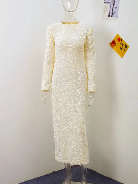 Sequined Party Dresses For Women Removable Sleeve O-neck Slim Long Dress Female 2025 Elegant White Lady Sexy Evening Vestidos - Lootquake