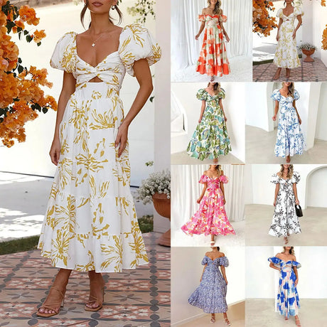 Summer V Neck Cutout Floral Print Dresses Elegant Women Puff Short Sleeve Casual Dress Pleated Waisted Swing Beach Long Dress - Lootquake