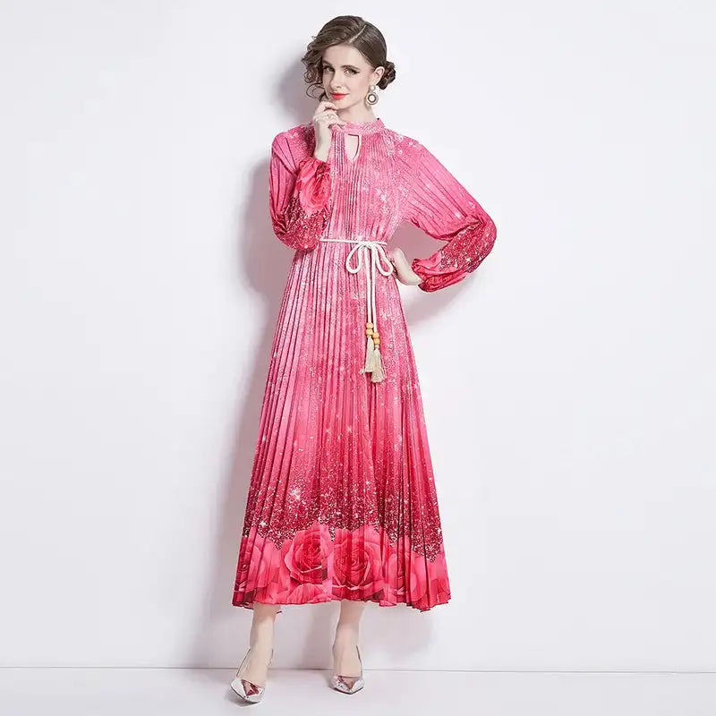 Spring Holiday Print Long Dress For Women Fashion Loose Lantern Sleeve Party Robe Female Big Swing Tassels Belt Pleated Clothes