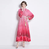 Spring Holiday Print Long Dress For Women Fashion Loose Lantern Sleeve Party Robe Female Big Swing Tassels Belt Pleated Clothes