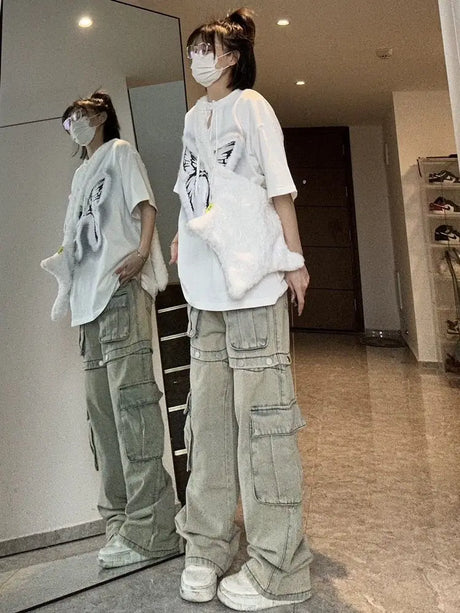 American New Detachable Design Sense Tooling Jeans Female Y2K Fashion Gothic Retro High Street Straight Small Vibe Waisted Pants - Lootquake