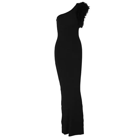 BWQ Black Sleeveless One Shoulder Feather Maxi Dress For Women Bodycon Sexy Party Elegant Long Dress Birthday Evening Outfit - Lootquake