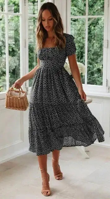 Summer Women Beach Sweet Dresses Vintage Vintage Print Puff Sleeve Casual Square Collar Floral Maxi Long Dress Festa Vestidos - Lootquake