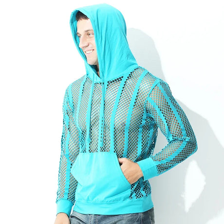 Men Mesh Shirt Transparent Long Sleeve Men Clothing Sexy Solid Party Nightclub Hooded Tops - Lootquake