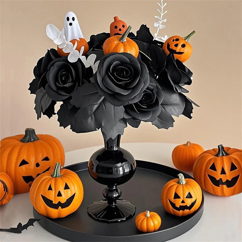 Halloween Decoration Artificial Flowers Bouquet With Pumpkins & Black Roses, Halloween Table Centerpiece For Dining Living Room