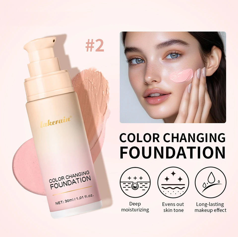 Base de maquillaje Lakerain que cambia de color CC Cream, base de maquillaje facial resistente al agua, base líquida, corrector impecable de larga duración.