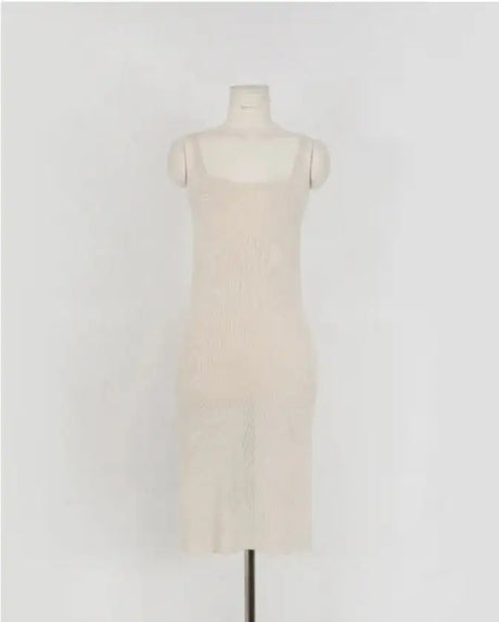 Summer High Quality Korean Simple Hollow Out Vest Knit Sweater Dress Women Japanese Gentle V-Neck Slim Elastic Knit Long Dress - Lootquake