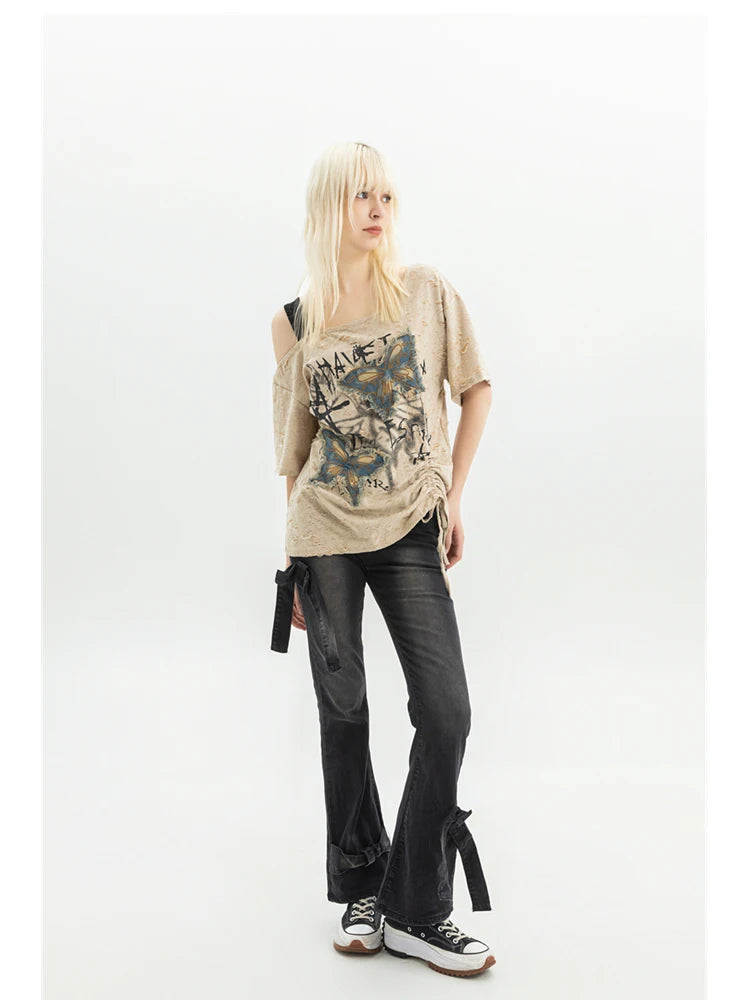 Women's Black Gothic Bow Flare Jeans Harajuku Aesthetic Y2k Denim Trousers High Waist Cowboy Pants Vintage 2000s Trashy Clothes - Lootquake