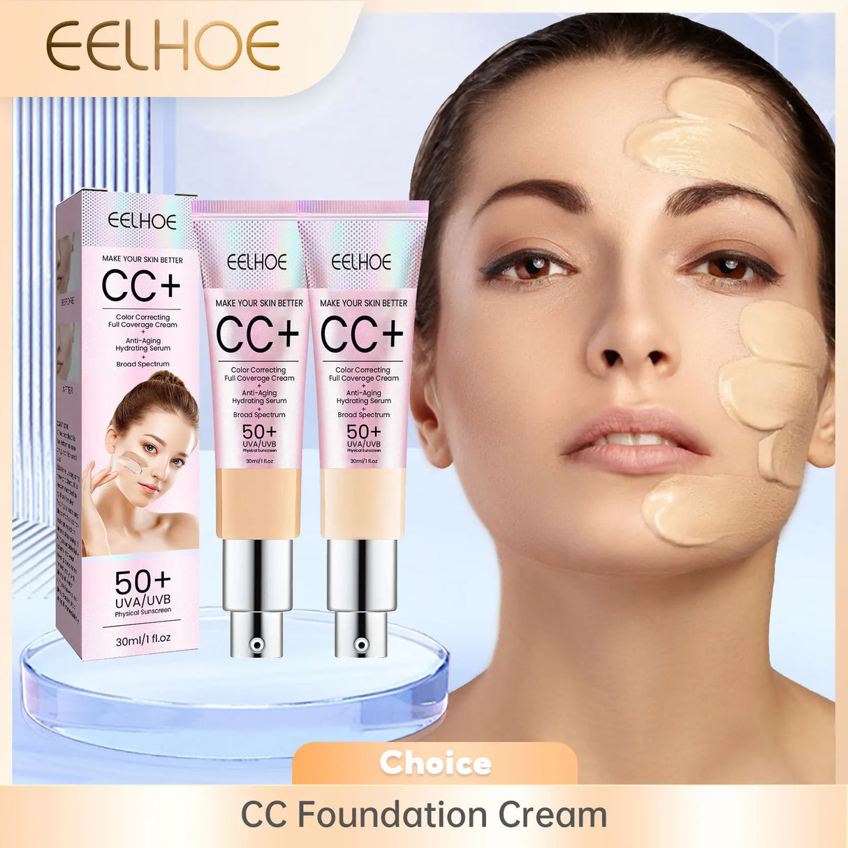 Crema de base CC, hidratante natural, resistente al agua, iluminadora, corrector, cobertura, control de grasa y manchas, maquillaje duradero.
