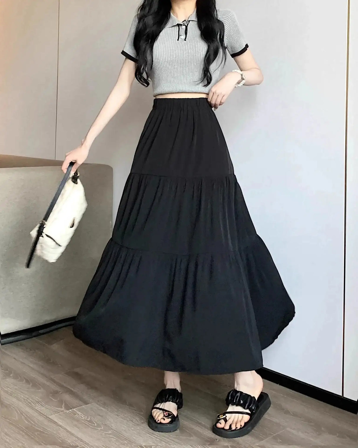 Spring 2024 New Women's Petite Black Umbrella Skirt High-waisted A- line White Dress Long Dress Drape Sense - Lootquake