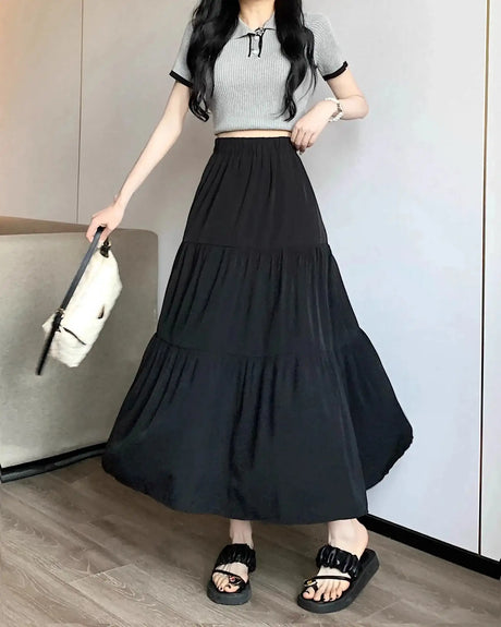 Spring 2024 New Women's Petite Black Umbrella Skirt High-waisted A- line White Dress Long Dress Drape Sense - Lootquake