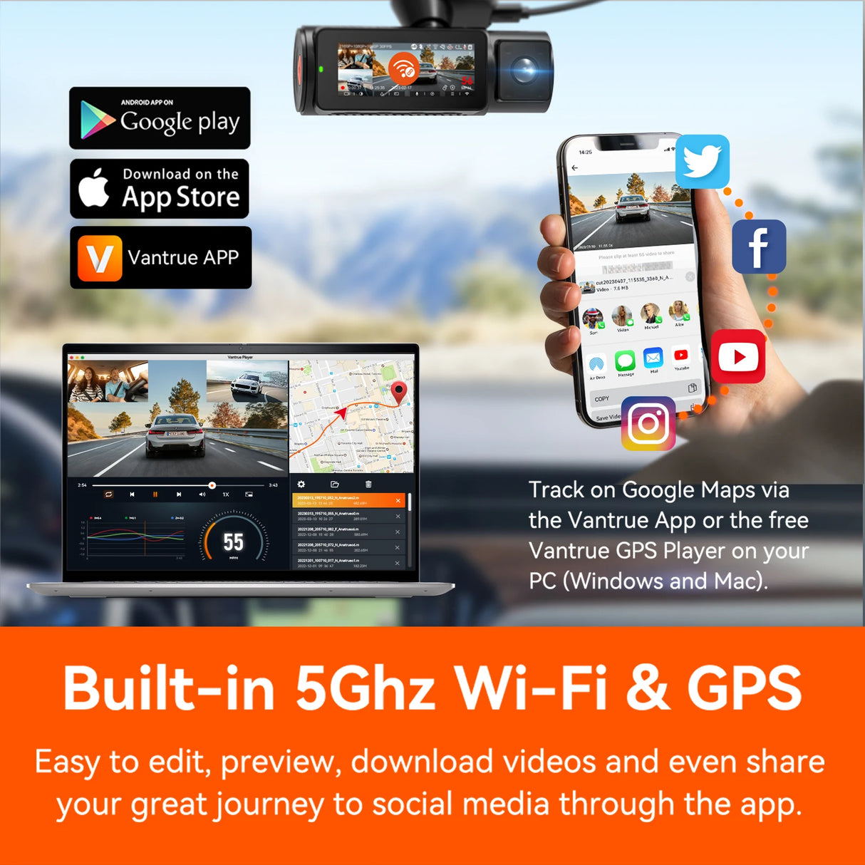 Cámara de salpicadero Vantrue N4Pro 4K Wi-Fi de 3 canales con control de voz, IMX678, visión nocturna, HDR, GPS, modo de carga 24 horas, para coche